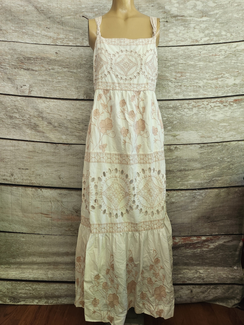 Tribal White Maxi Dress with Dusty Rose Embroidery